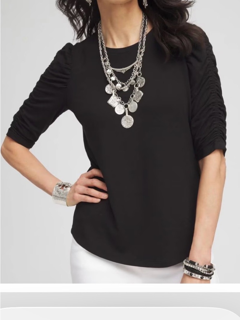 NWT Chico's Touch of Cool  Romance Puff Black Ruched-Sleeve Crewneck Top Small